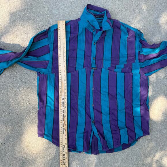 VTG 90s Marithe Girbaud Teal Purple Stripe Funky Pockets L/S Button Up Shirt M - Picture 8 of 8